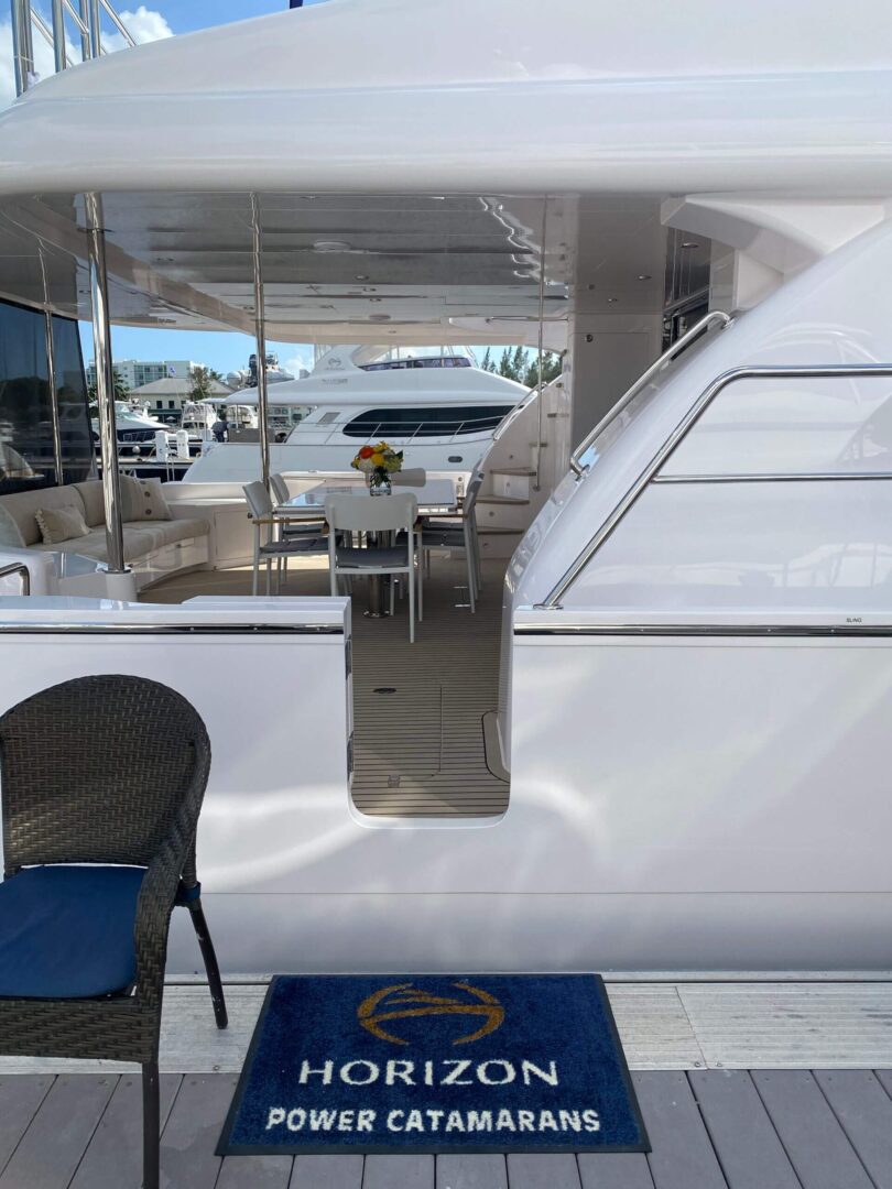 entrance of a yacht with a mat