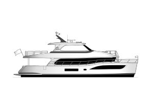 A white and black drawing of a motor yacht with expanded deck areas.