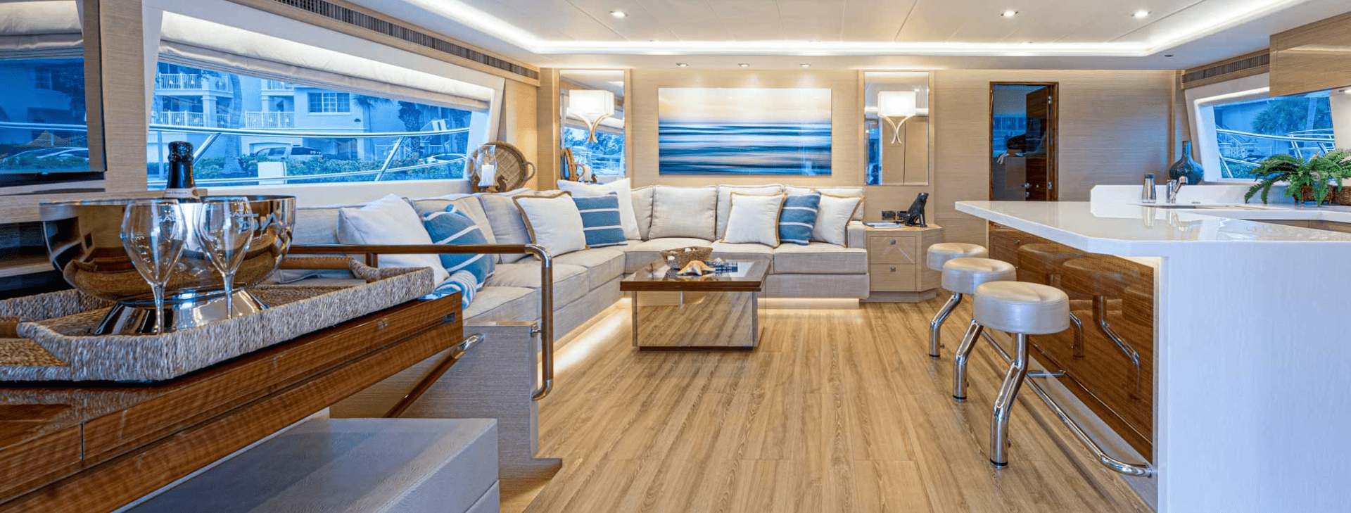 Luxurious interior of a ship with sofa set