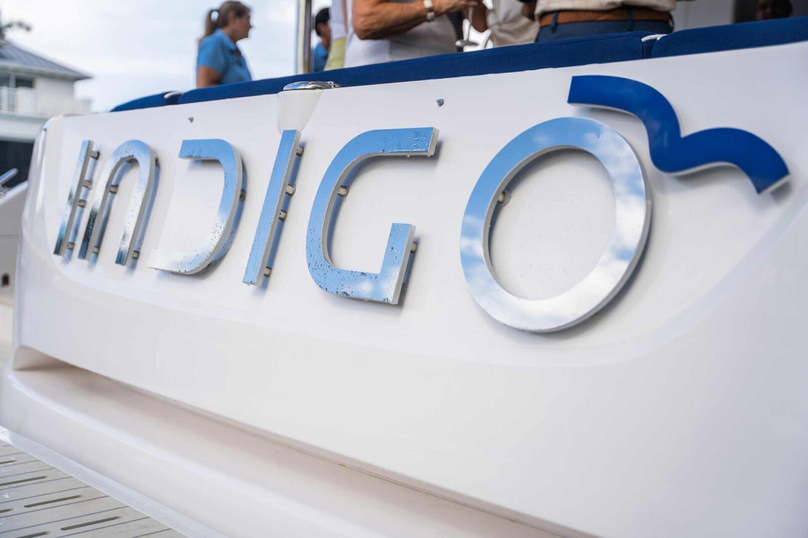 Indigo nameplate on Horizon PowerCat transom