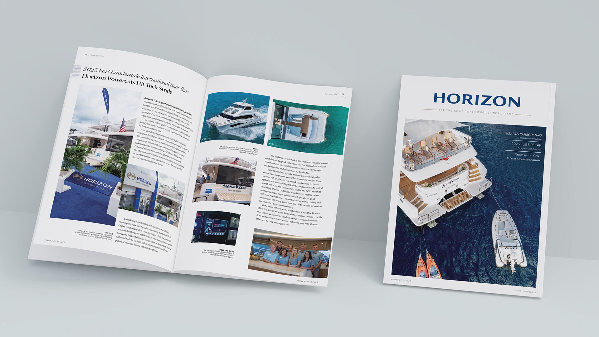horizon power catamarans featured in vol 69 brand publication spread and cover